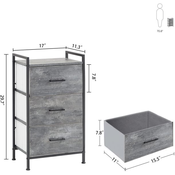Linsy Home Small Dressers for Bedroom. Nightstand with 3 Drawers. Grey