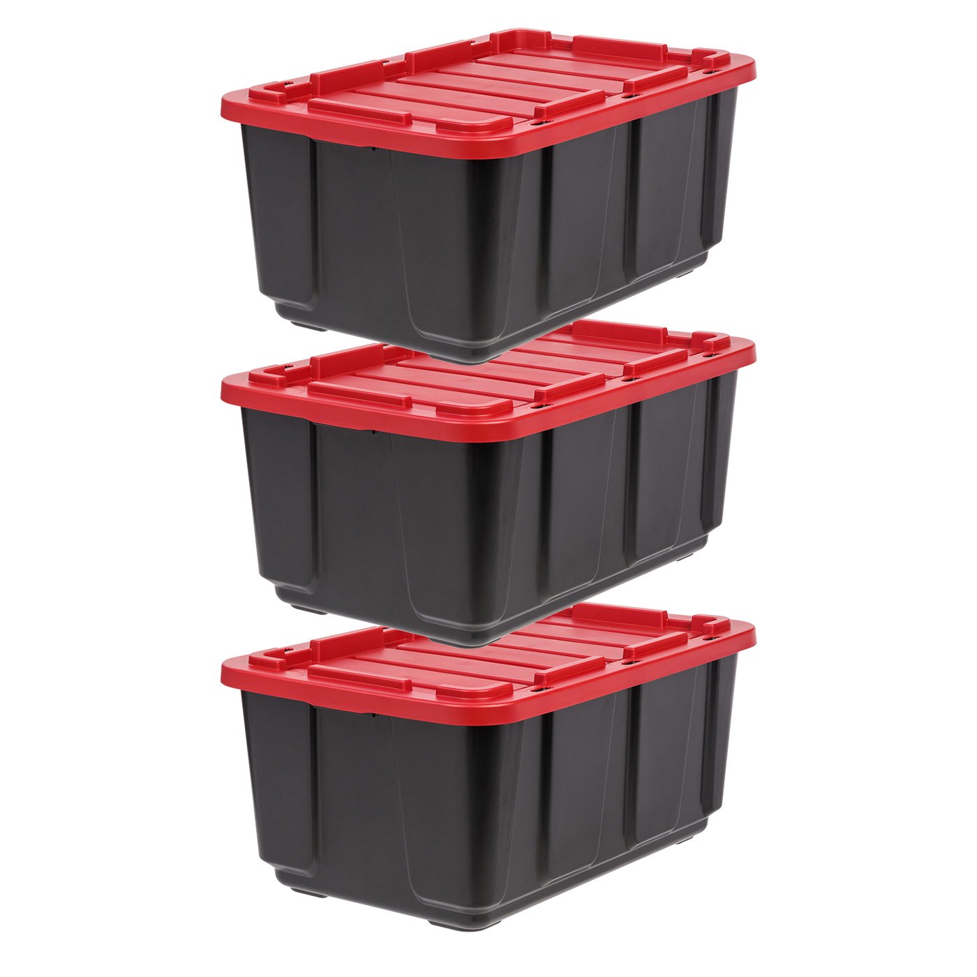 Iris USA. 27 Gallon Stackable Heavy DutyTough Storage Bin. Black/Red. Set of 3