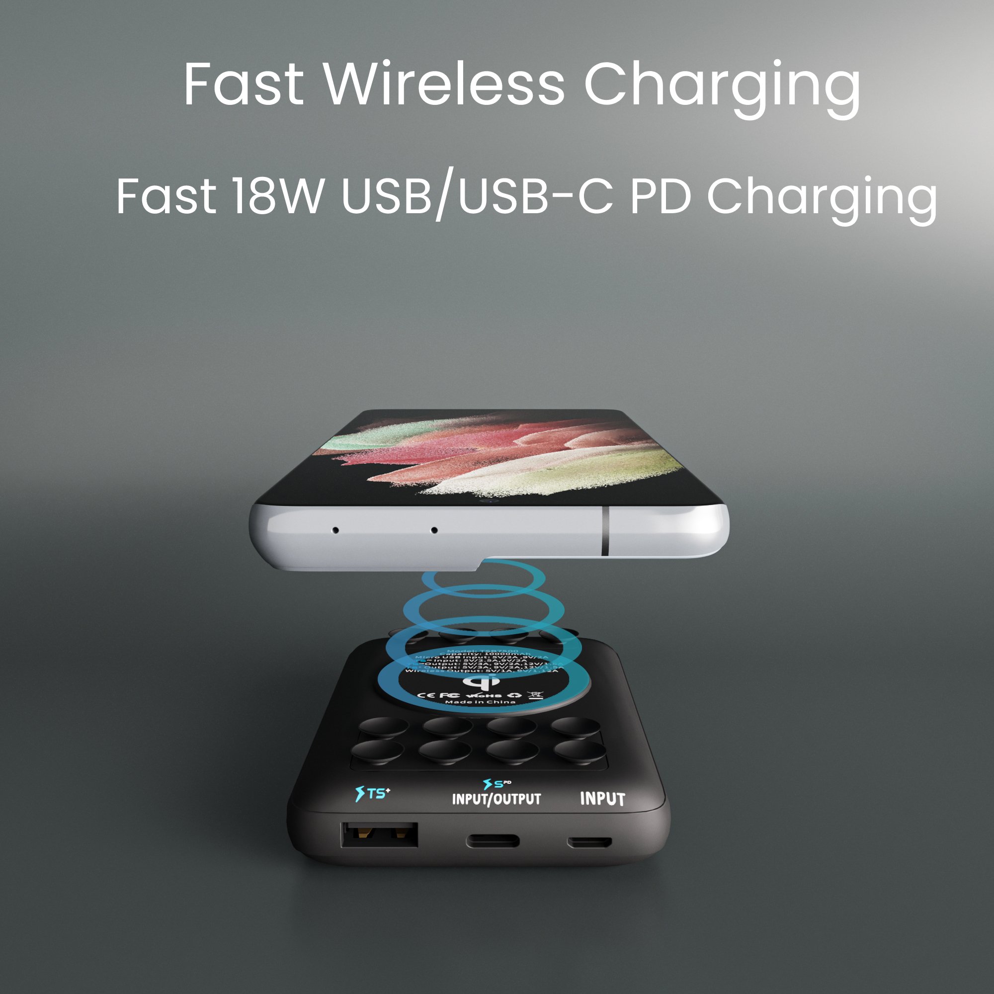 Techsmarter 10000mAh 18W USB-C PD Qi Wireless Power Bank Portable Charger with Anti-Slip Suction Cups