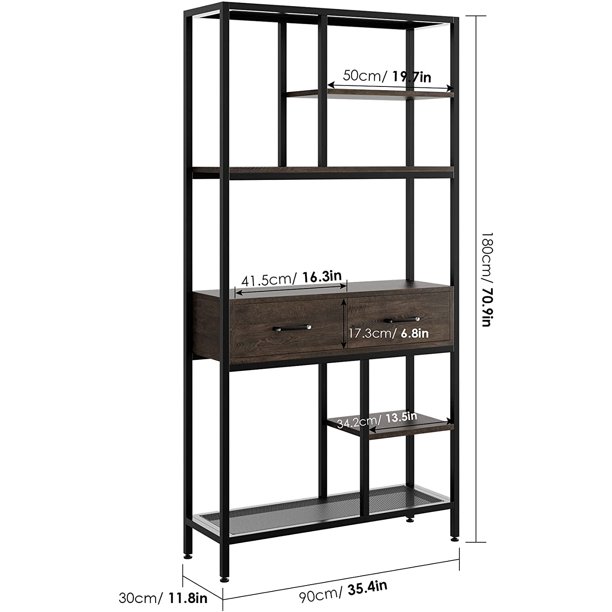 Homfa 5-Tier Iron Bookcase With 2 Drawers. Industrial Tall Bookshelf With 7 Open Storage Shelves. Dark Brown