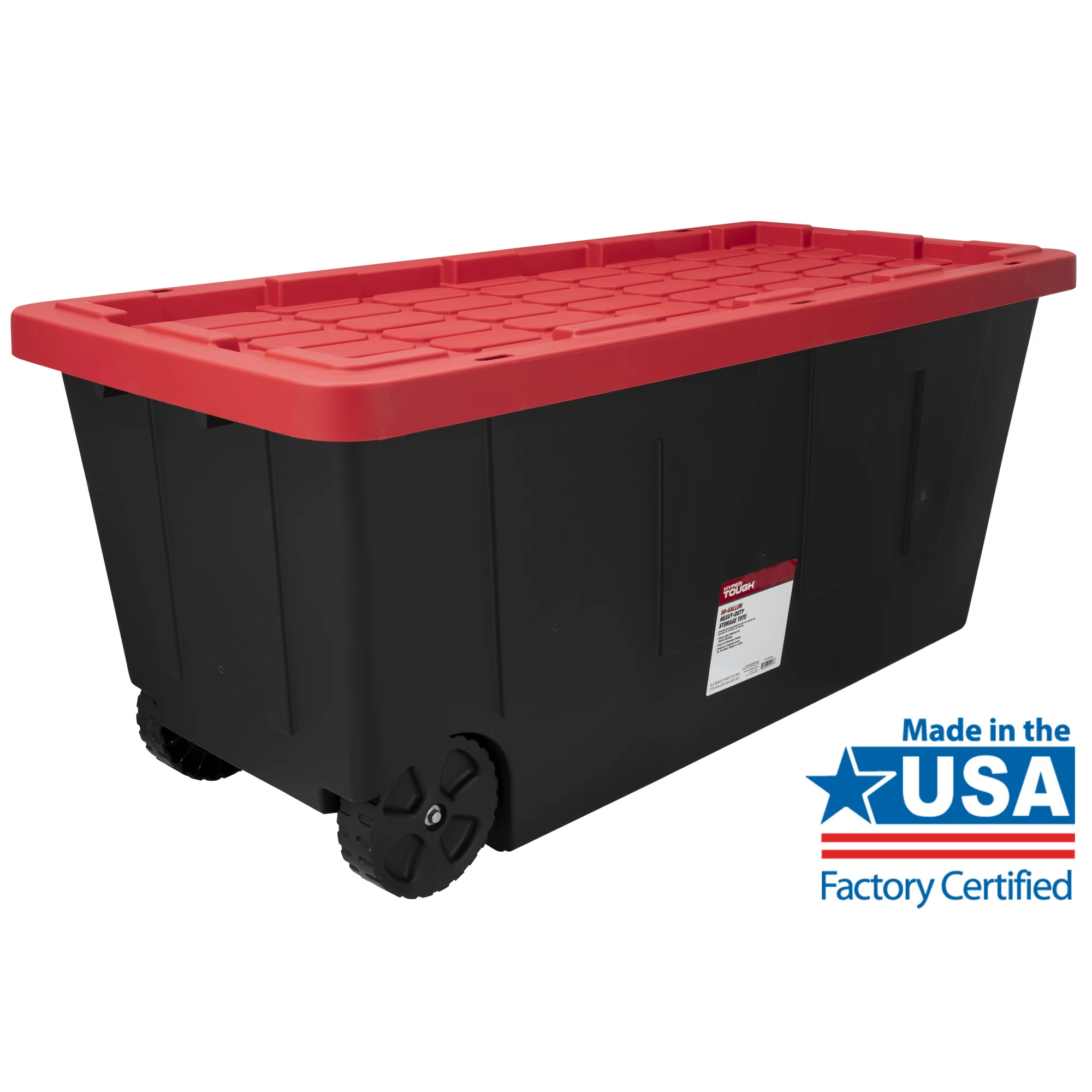 Hyper Tough 50-Gallon Snap Lid Wheeled Plastic Storage Tote. Black Base/Red Lid. Set of 2