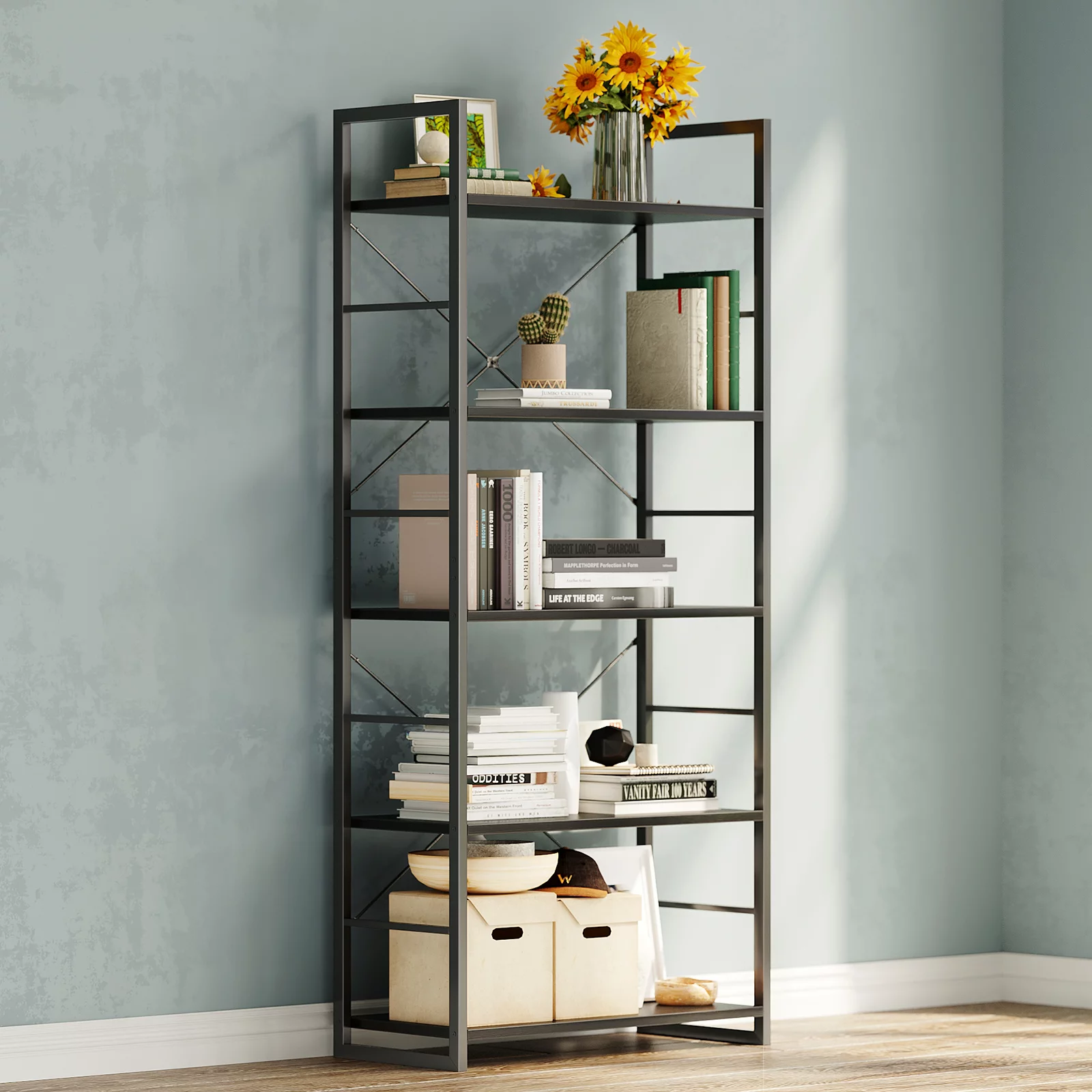 ODK Home Bookshelf. 5 Tier Shelf Storage Organizer. Modern Book. Black