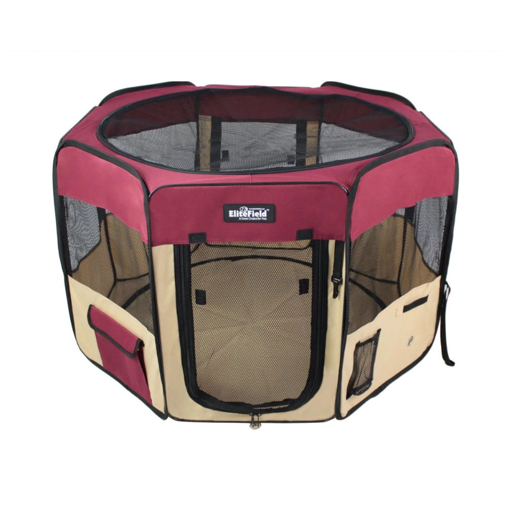 EliteField 2-Door Soft-Sided Dog & Cat Playpen. Maroon & Beige. 52 x 52 x 32-in