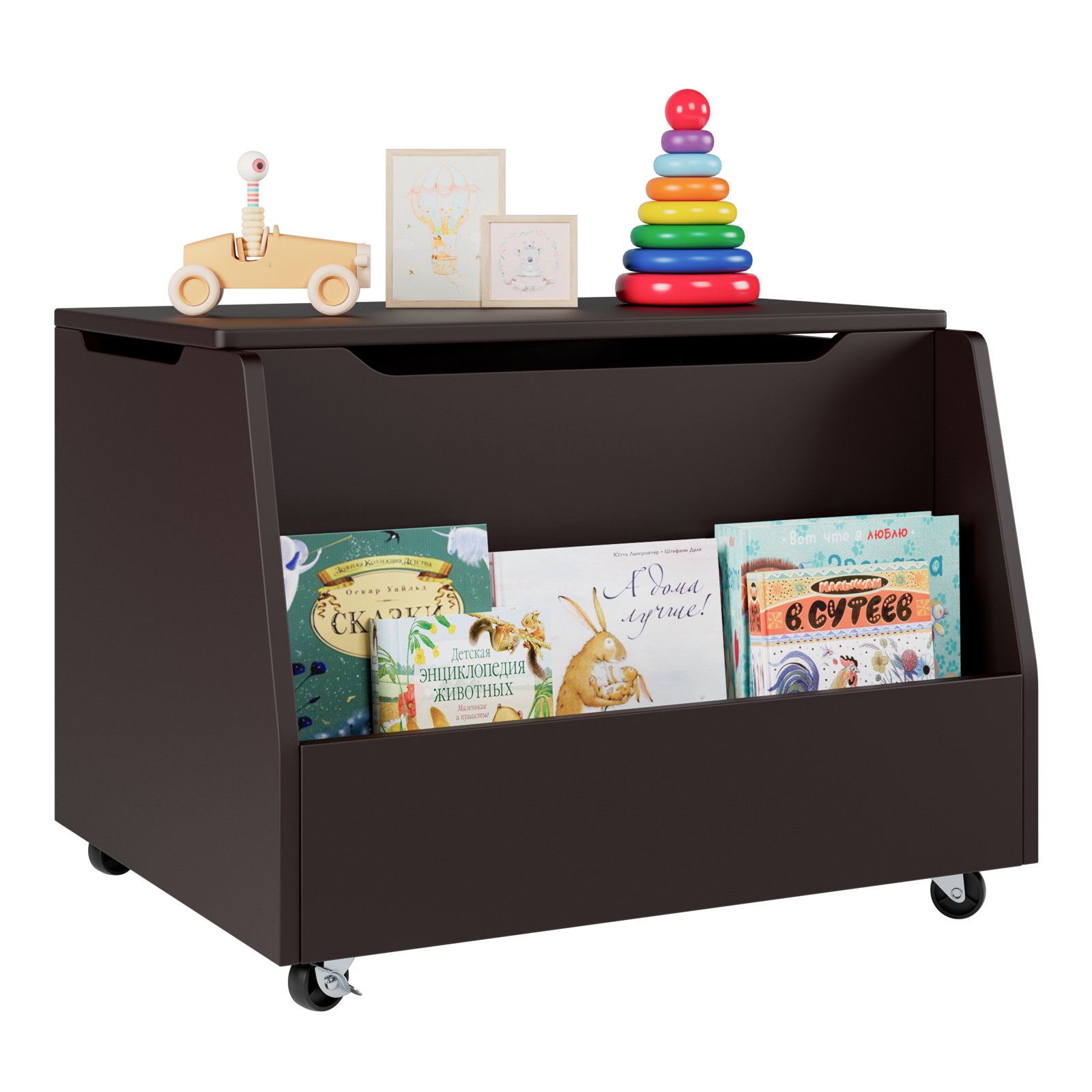 Homfa Kids Toy Box. Wood Toy Chest Storage Cabinet with 360-degree Rotating Wheels. Brown