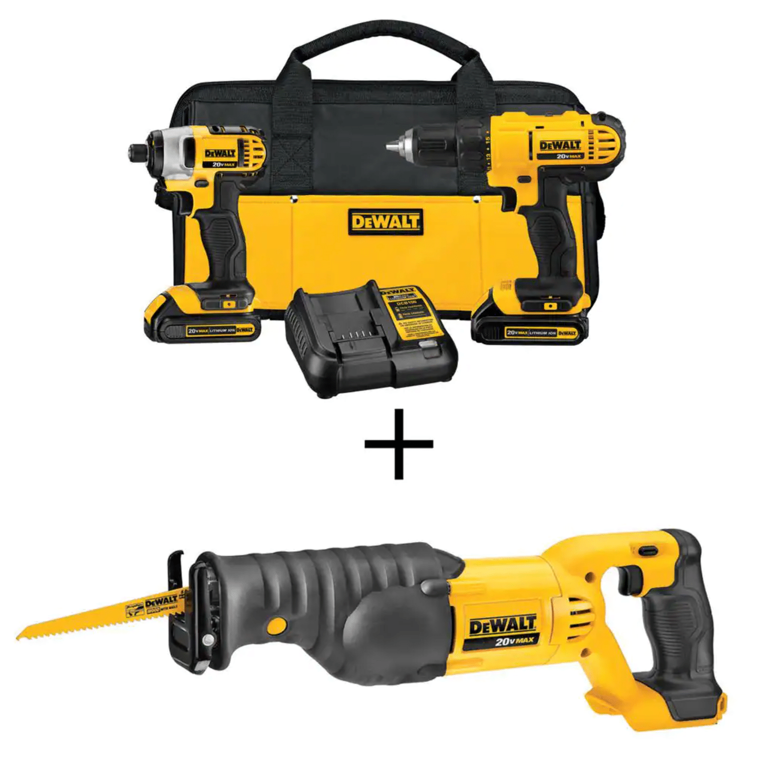 Dewalt 20-Volt Max Cordless Drill/Impact Combo Kit (2-Tool) with (2) 20-Volt 1.3Ah Batteries. Charger & Reciprocating Saw (DCK240C2DCS380B)