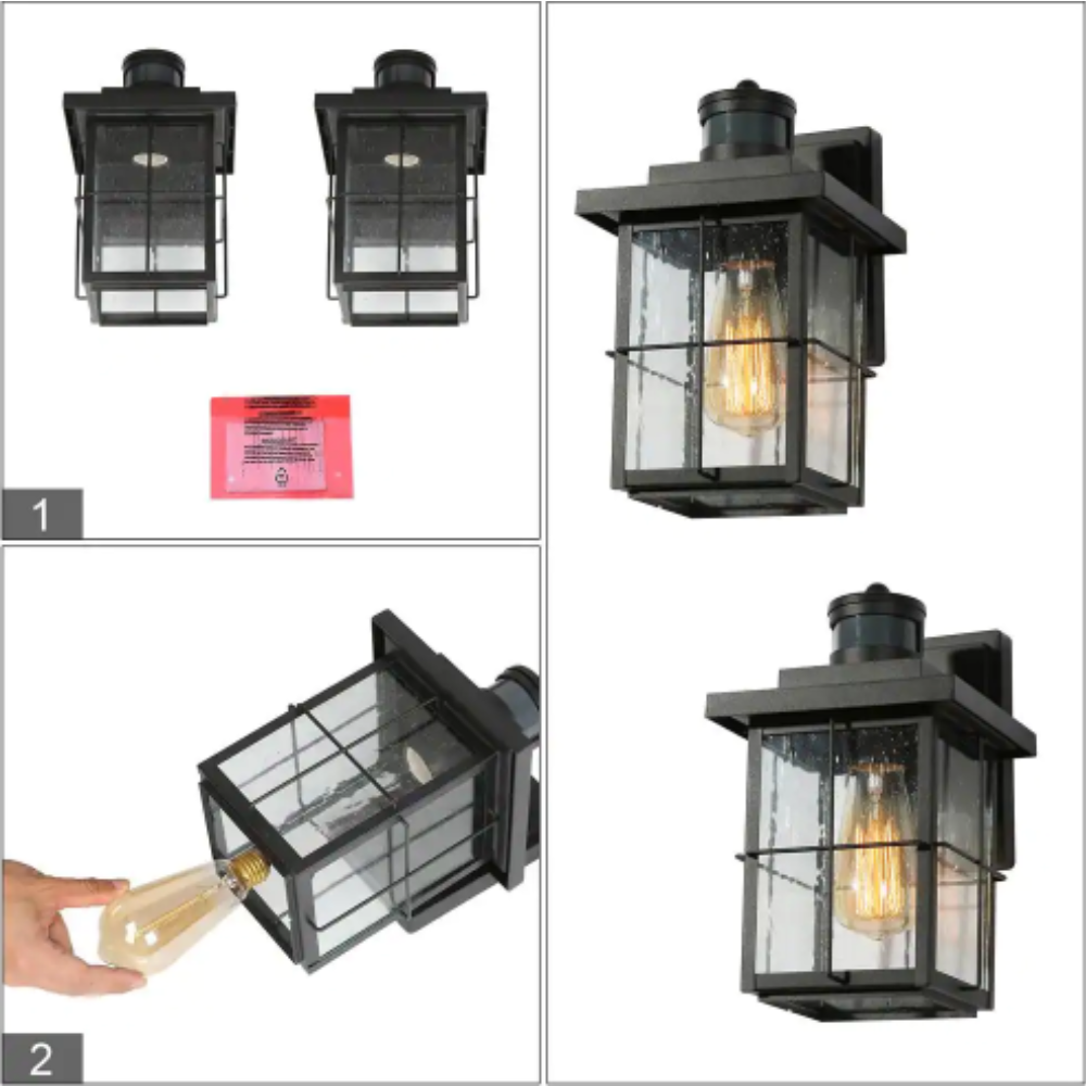 LNC Modern Black Motion Sensing Outdoor Sconce with Seeded Glass Shade. Farmhouse 1-Light Front Door Wall Lantern (2-Pack)