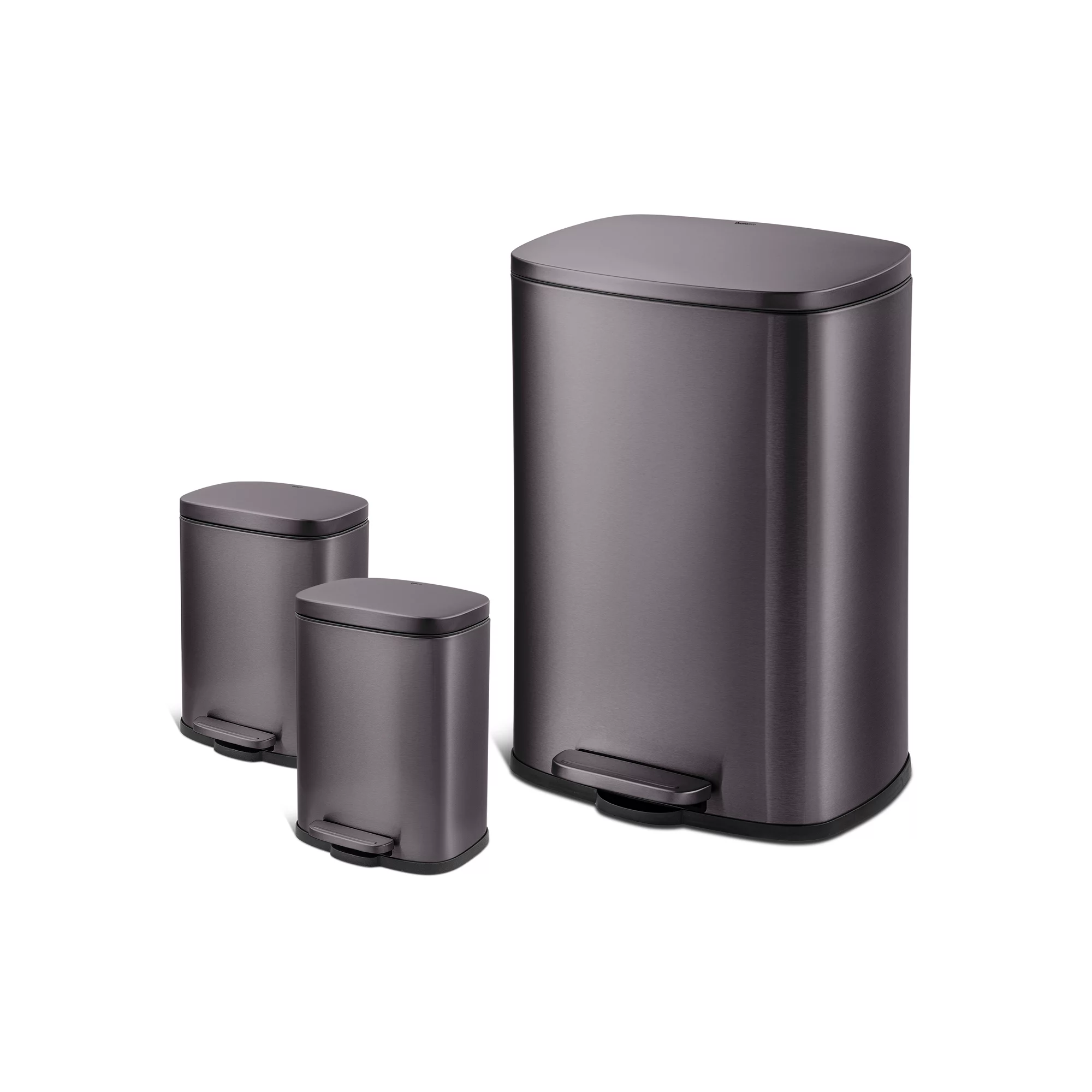 Qualiazero 13.2 gal Rectangular Step Trash Can. Plus Two 1.3 gal Trash Cans. Black Stainless Steel