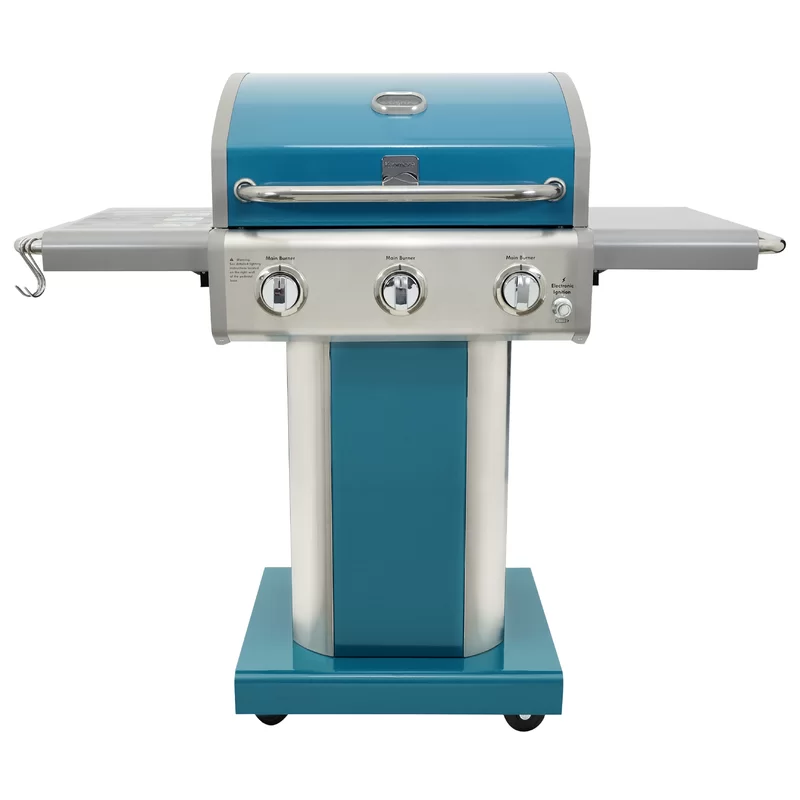 Kenmore 3-Burner Compact Liquid Propane Gas Grill with Foldable Side Tables. Teal