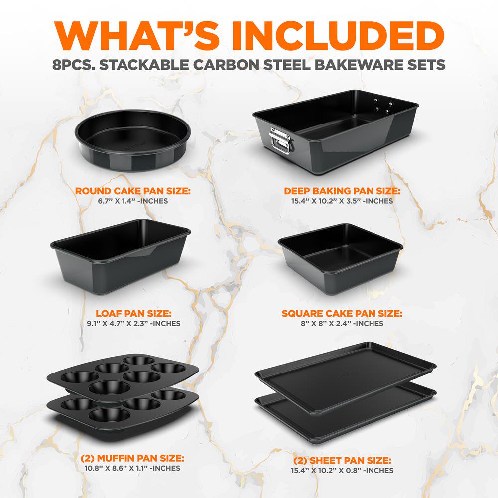 NutriChef 8-Piece Nonstick Bakeware Set with Non-Stick Coating. 450°F Oven Safe. Black
