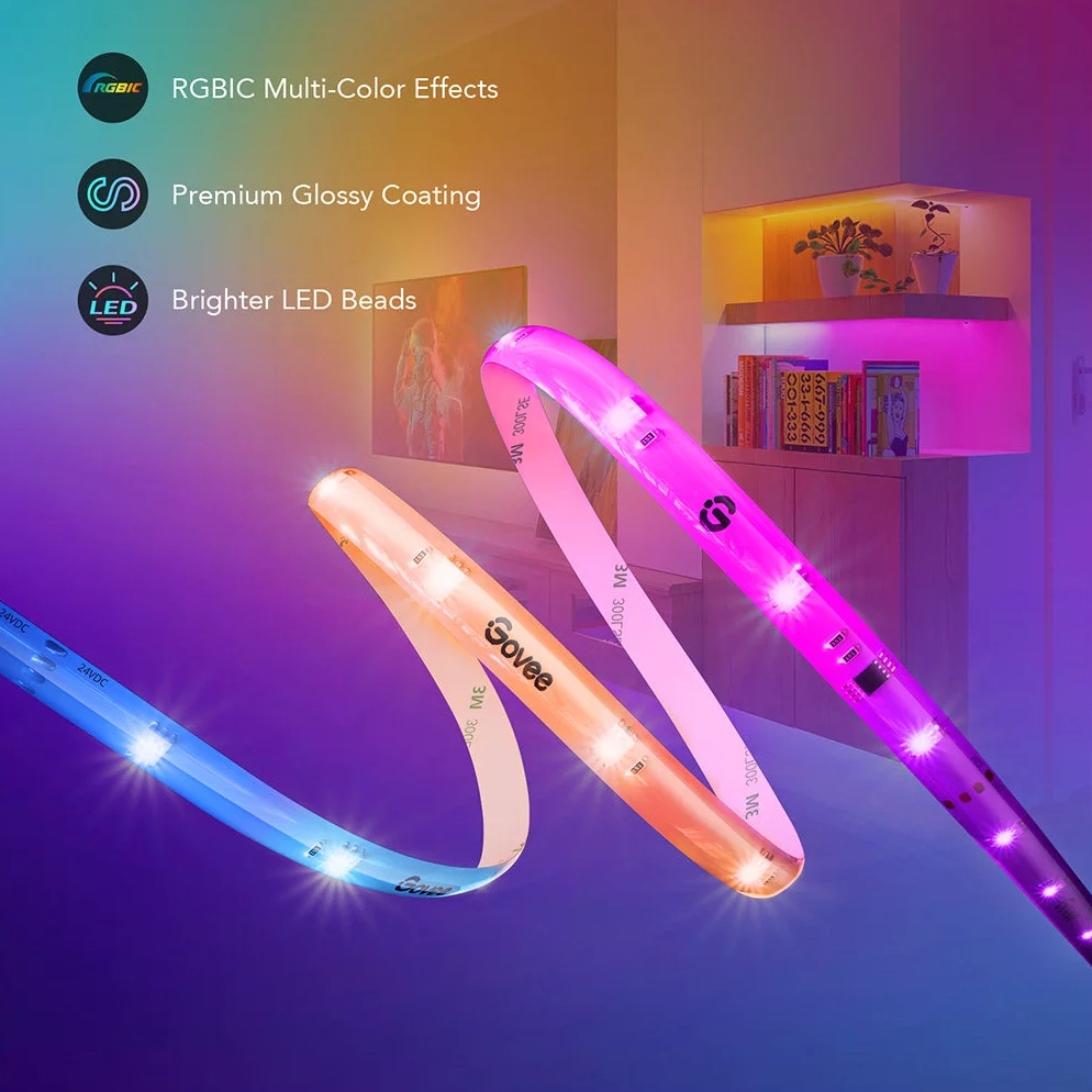 Govee 24.6ft Wi-Fi RGBIC LED Strip Light. 16 Million Light Color. 24W with Silicone Coating