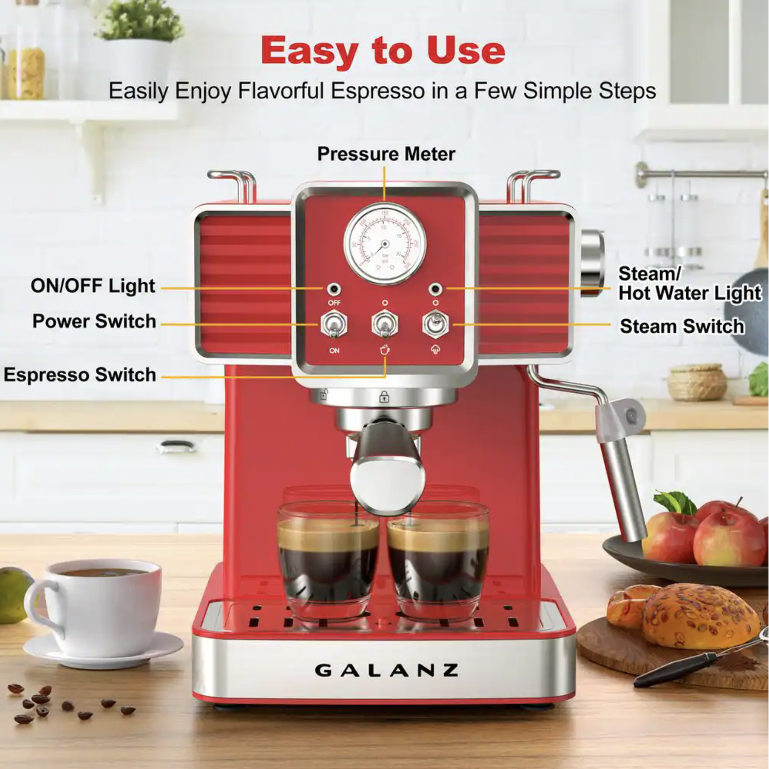Galanz 2-Cup Red Espresso Machine with Retro Design