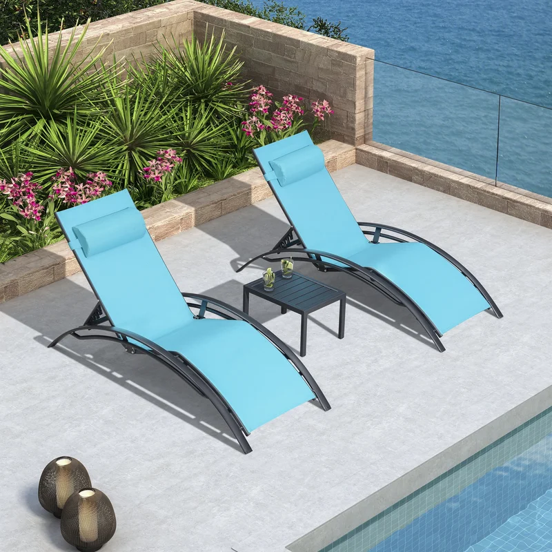 Arlmont & Co. Turquoise Blue Gerania Outdoor Metal Chaise Lounge with Table