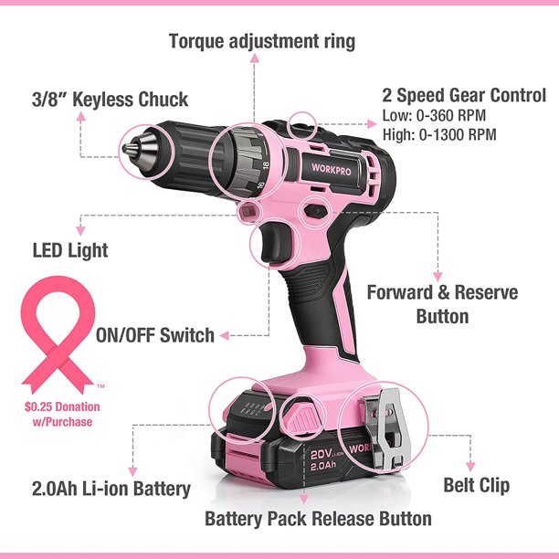Workpro 20V Pink Cordless Drill Driver Set. 3/8 Keyless Chuck. 2.0 Ah Li-Ion Battery. Pink