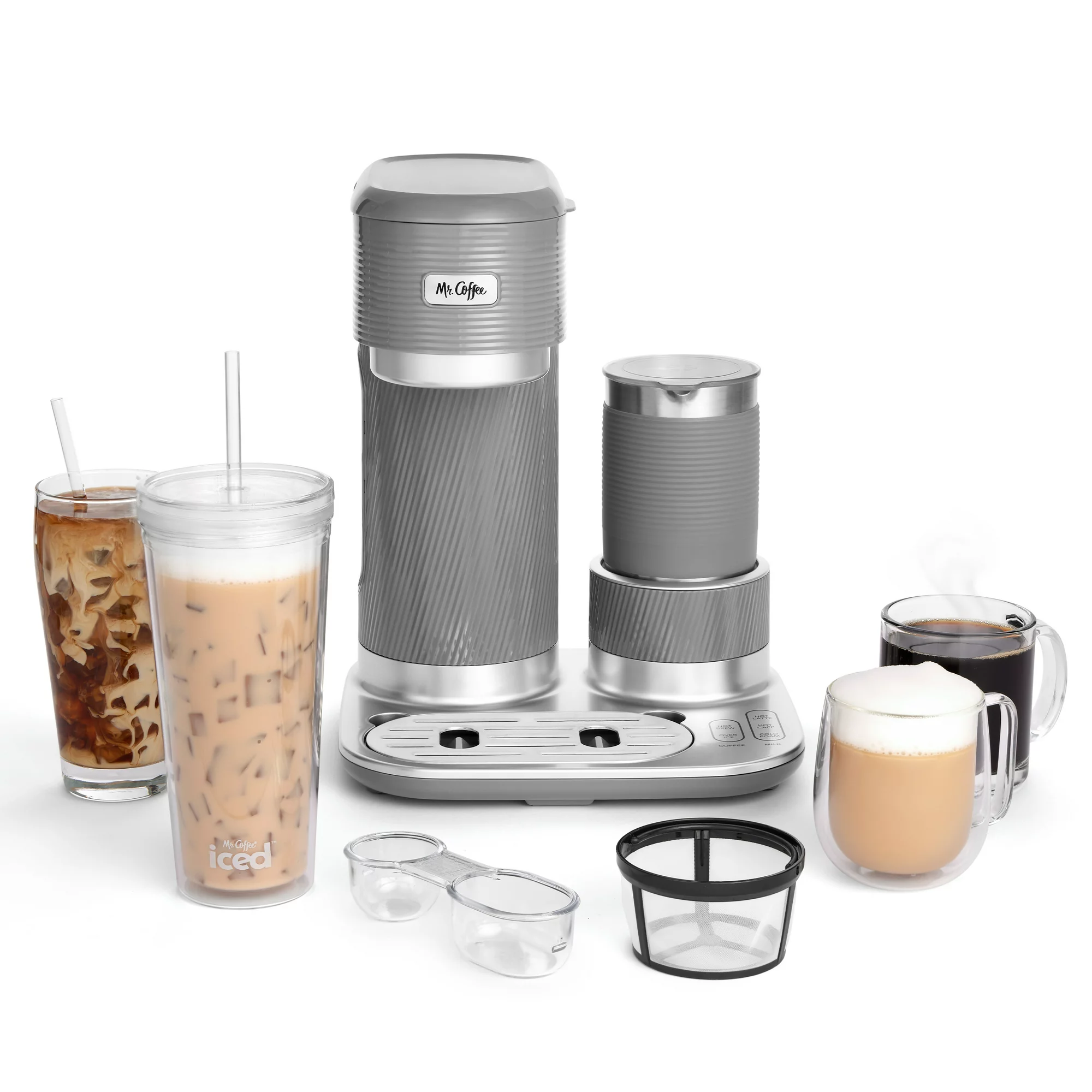Mr. Coffee 4-in-1 Single-Serve Latte Lux. Iced. and Hot Coffee Maker. Gray