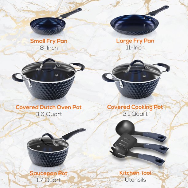 NutriChef Non-Stick Kitchen Cookware Pots and Pans. 11 Piece Set. Blue