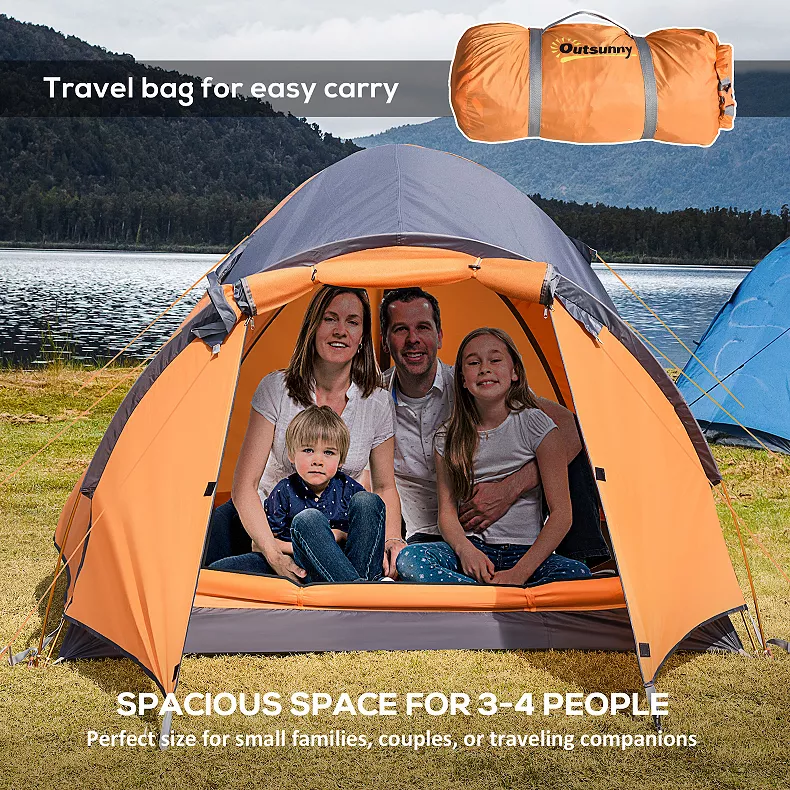 Outsunny 4 Person Camping Tent With Carrying Bag. Orange