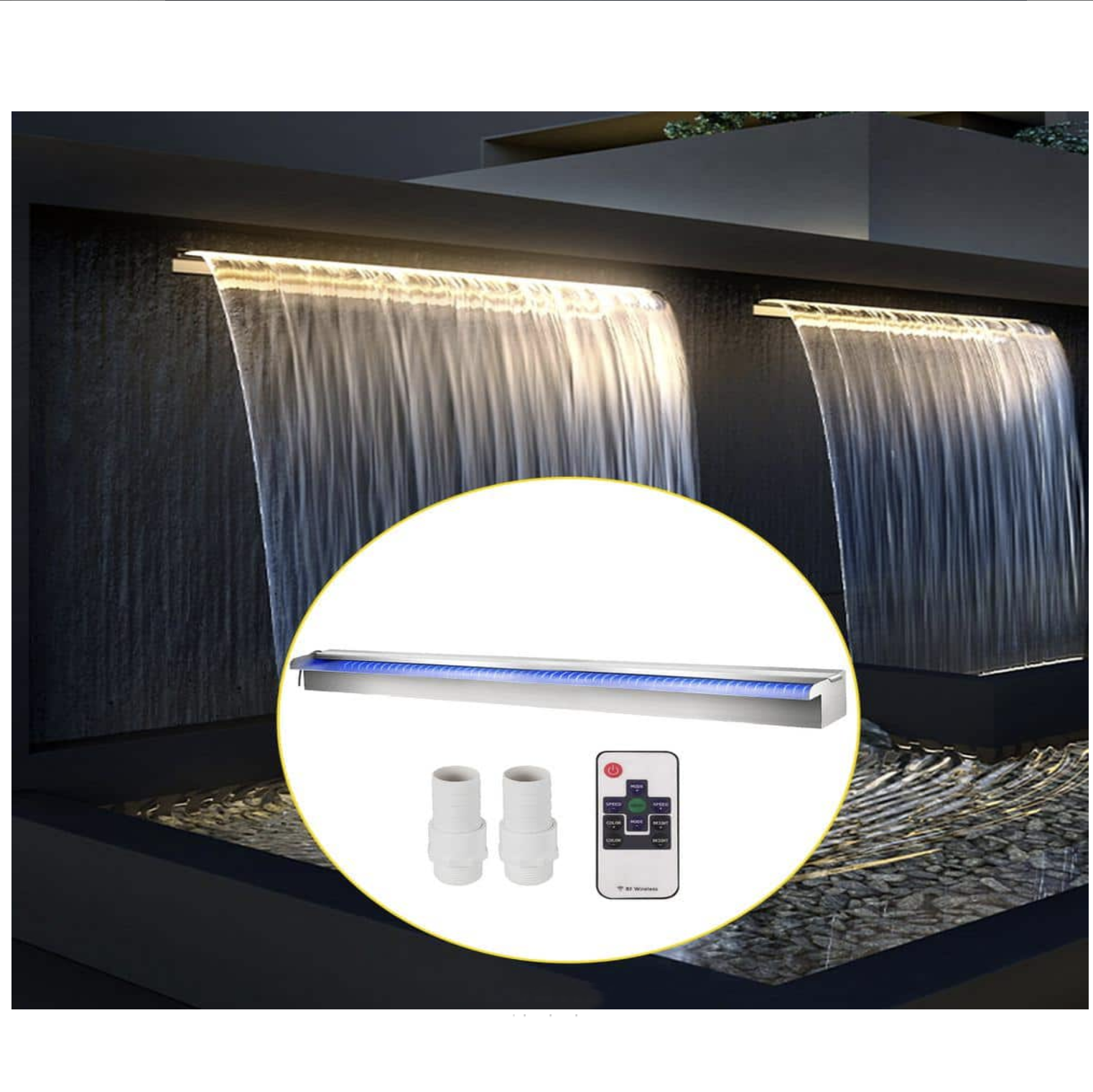 Vevor Stainless Steel Pool Waterfall Pond Waterfall Spillway with LED Strip Light Waterfall Part for Pool