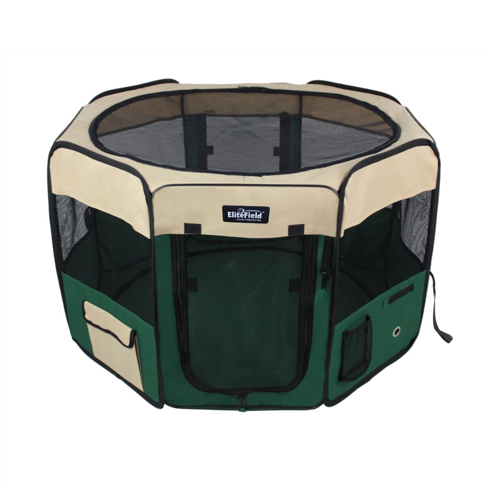 EliteField 2-Door Soft-Sided Dog & Cat Playpen. Beige & Green. 42 x 42 x 24-in