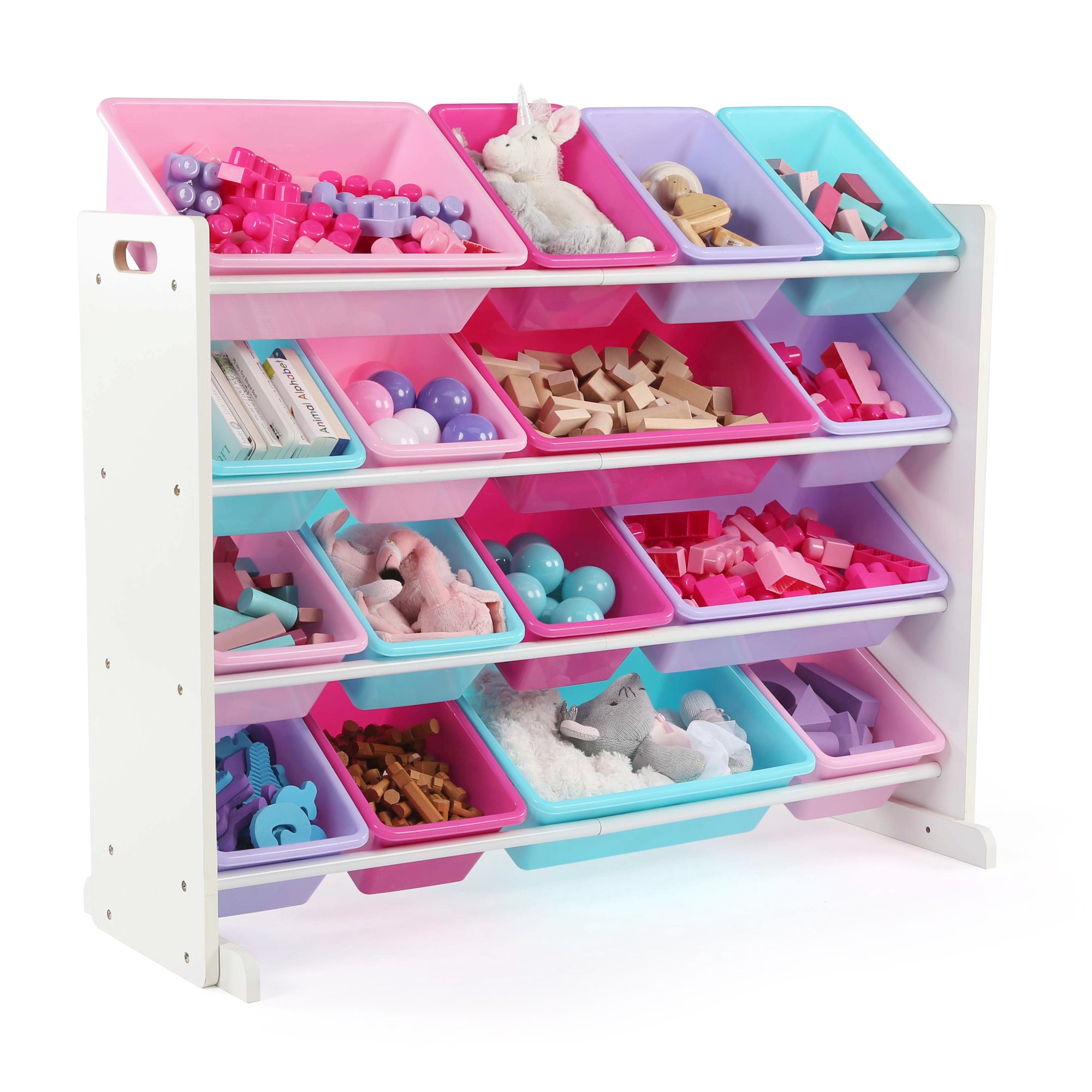 Humble Crew White/Pink Kids Toy Storage Organizer with 16 Plastic Bins