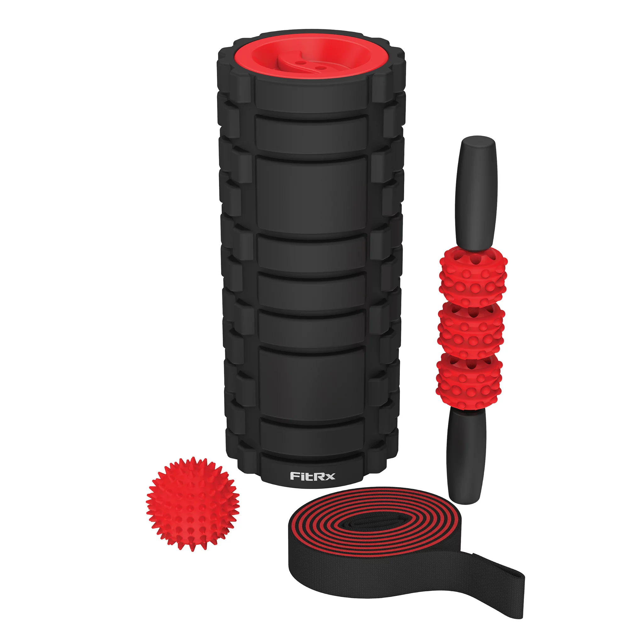 FitRx Recovery Fitness Set. Textured Foam Roller. Massage Stick. Massage Ball. and Stretch Strap