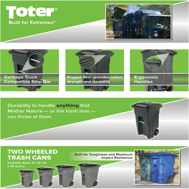 Toter 32 Gallon Garbage Can Black With Wheels And Lid For Outdoor Or Indoor Use