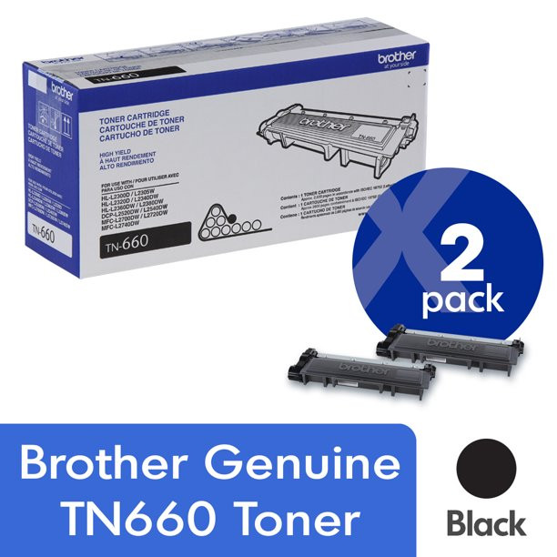 Brother Genuine High Yield Toner Cartridges. TN660. Replacement Black Toner Two Pack