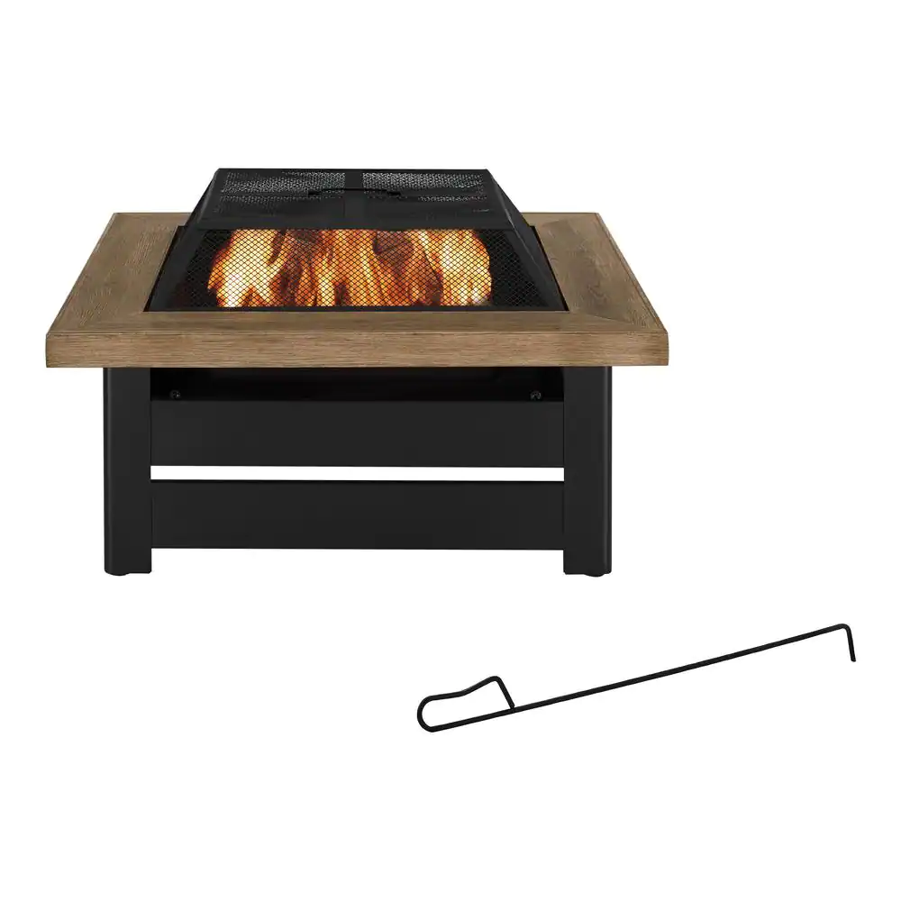 Hampton Bay Stoneham 34 in. x 15.5 in. Square Steel Black Wood Fire Pit With Wood-Look Tile Top