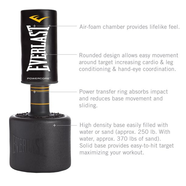 Everlast Powercore Free Standing Indoor Home Rounded Heavy Duty Fitness Training Punching Bag Black. P00001266