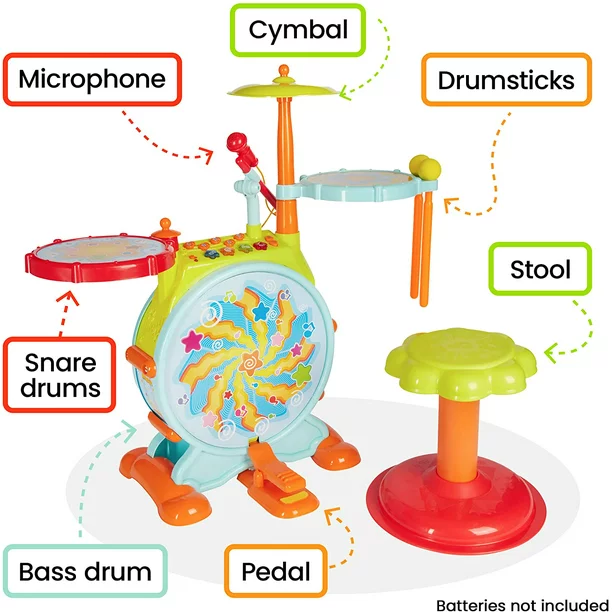 Prextex Kids Drum Set with Working Microphone. Lights. Adjustable Sound. Bass Drum. Pedal. Drum Sticks