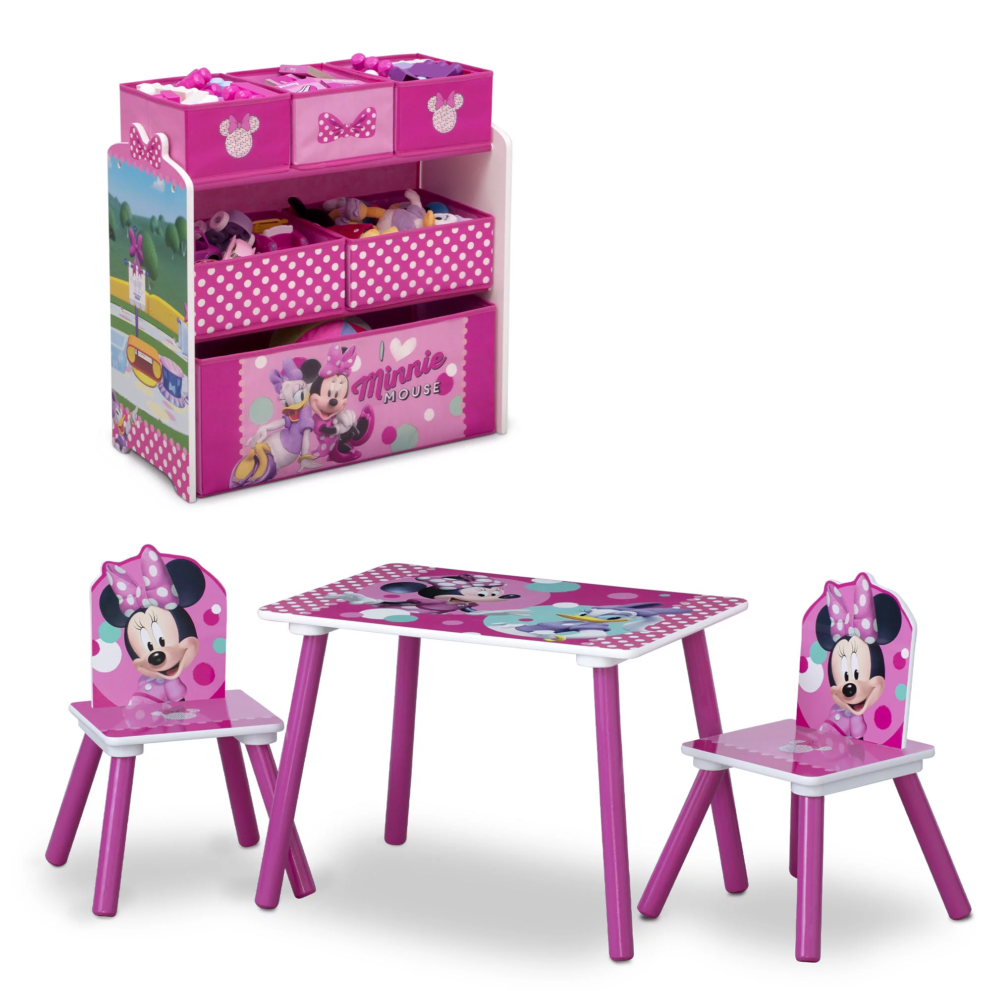 Delta Children Disney Minnie Mouse 4-Piece Playroom Solution. Table and 2 Chairs and 6-Bin Toy Organizer