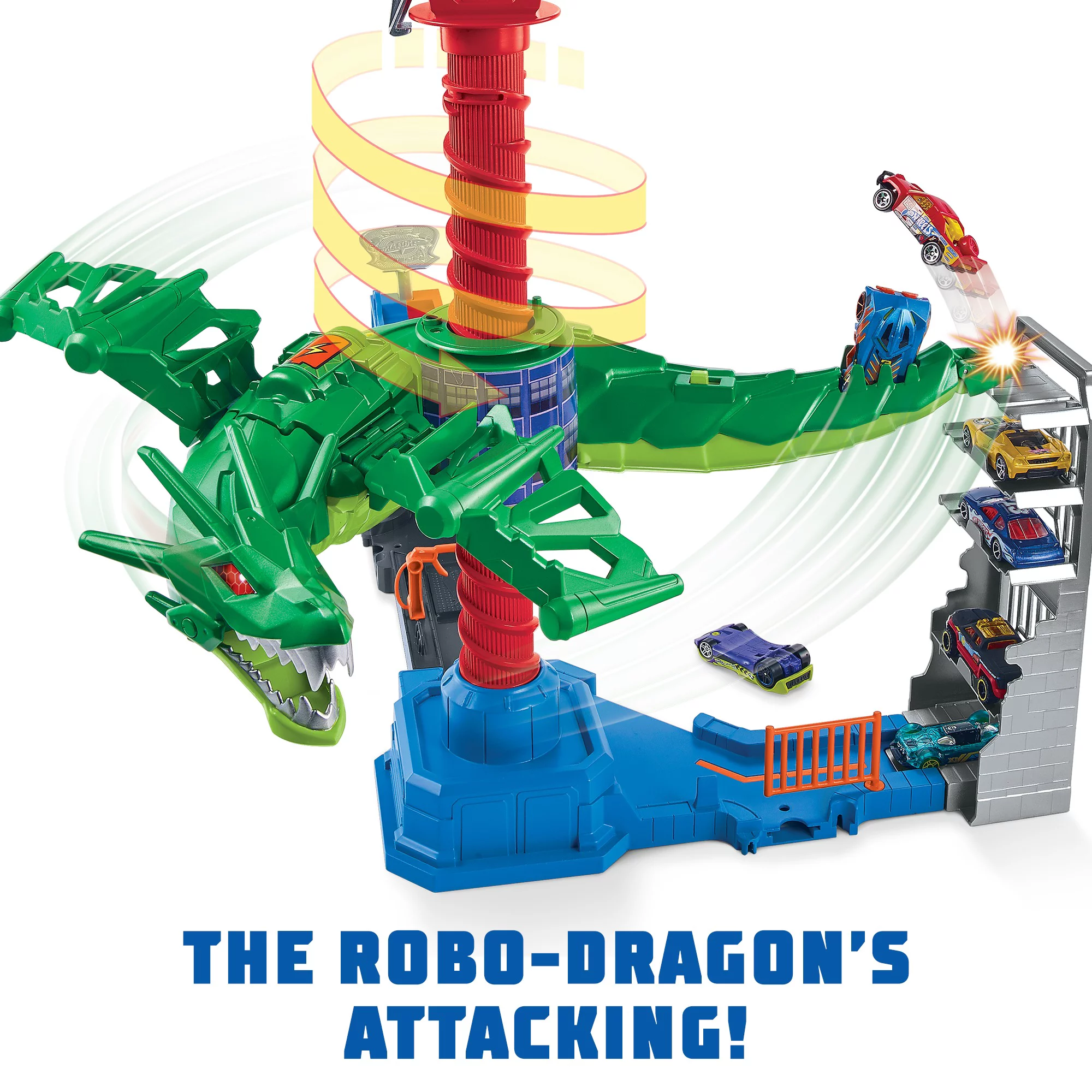 Hot Wheels City Air Attack Robo Dragon Play Set Motorized with Different Sounds and 1 Hot Wheels Car