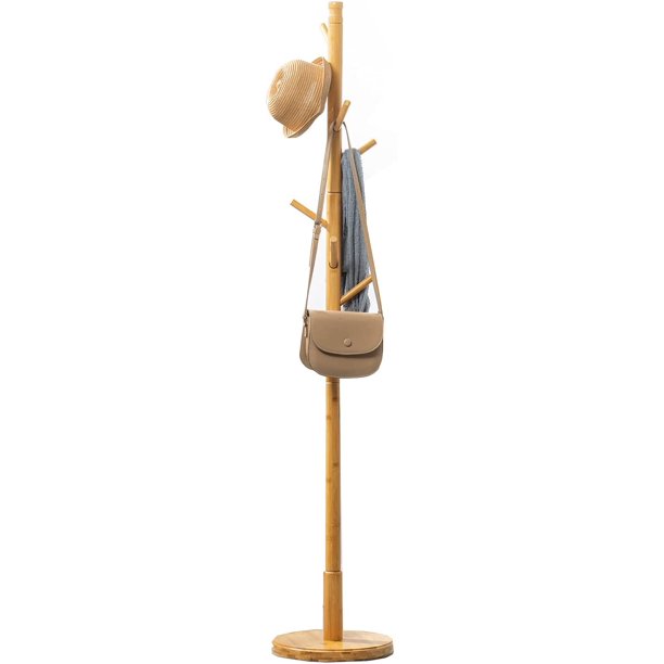 Maydear Bamboo Coat Rack. Floor Standing Wooden Coat Rack Tree with Solid Round Base. Freestanding Coat Rack