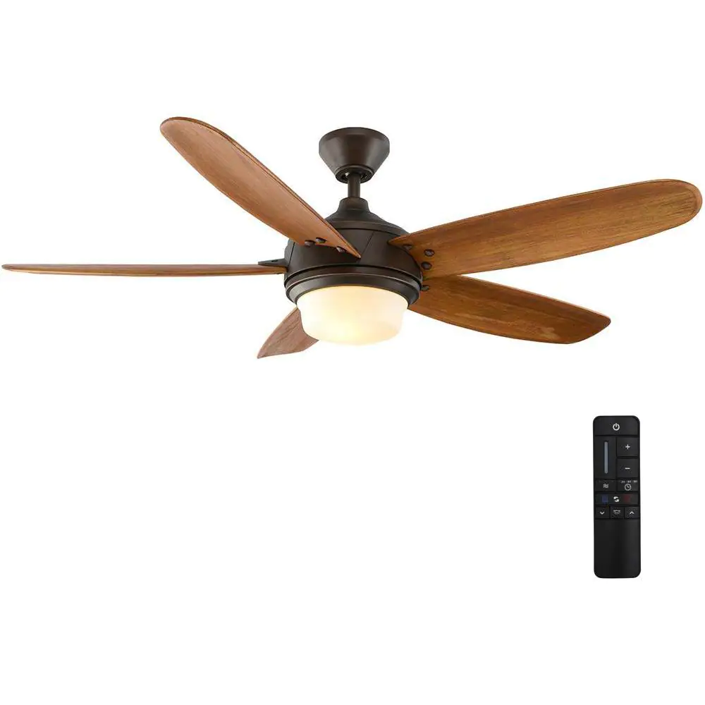 Home Decorators Collection Breezemore 56 in. Indoor LED Mediterranean Bronze Ceiling Fan With Light Kit. Downrod. DC Motor And Remote Control