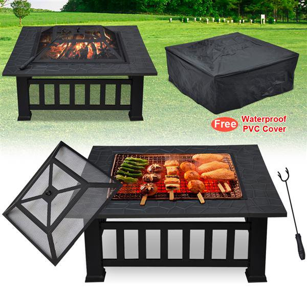 Easyfashion Outdoor 32-Inch Square Metal Fire Pit with Cover and Poker. Black