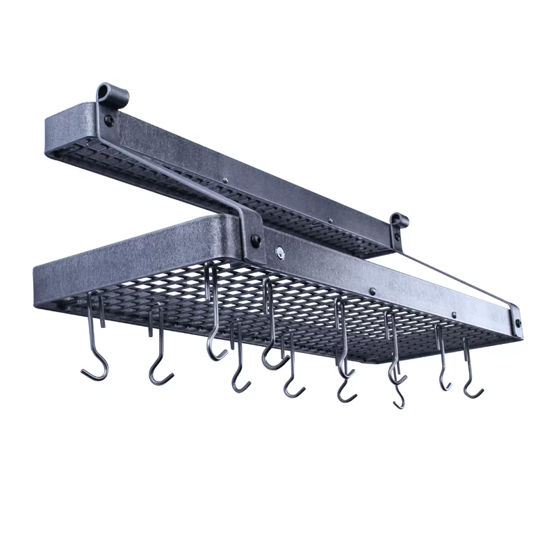 Enclume Gourmet Handcrafted Deep Bookshelf Wall Mounted Pot Rack. Hammered Steel