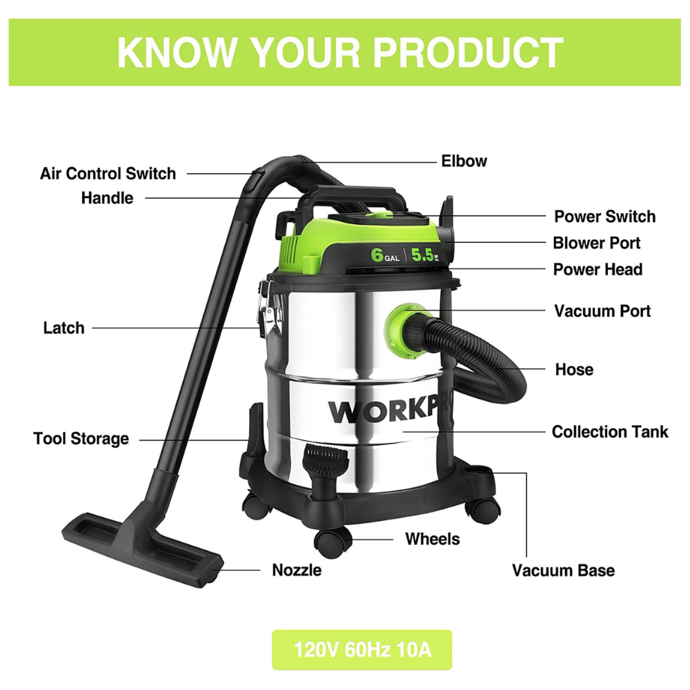Workpro 6 Gallon Wet/Dry Shop Vacuum. 5.5 Peak HP Shop Vac Cleaner with HEPA Filter. Hose and Accessories