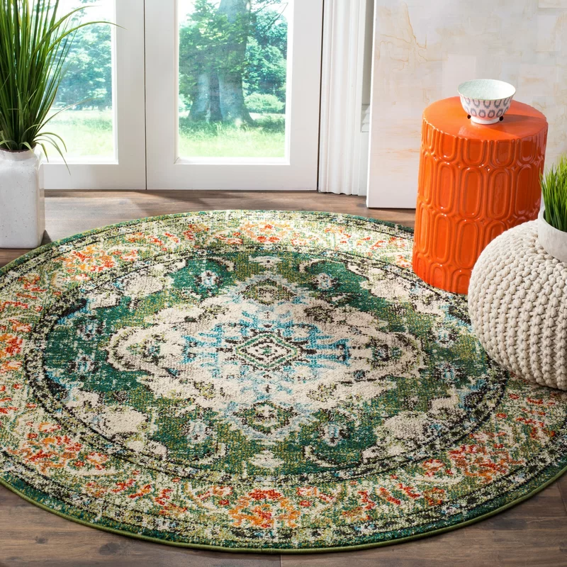 Mistana Indira Machine Woven / Power Loomed Performance Forest Green Rug. Round 11′