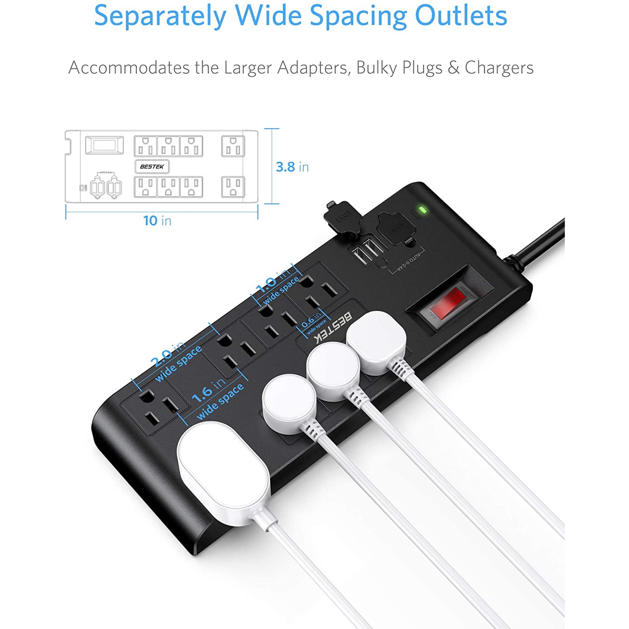 Bestek 8-Outlet Surge Protector Power Strip 12 Feet Heavy Duty Extension Power Cords. 4.2A 4-Port USB Charging Station. Black