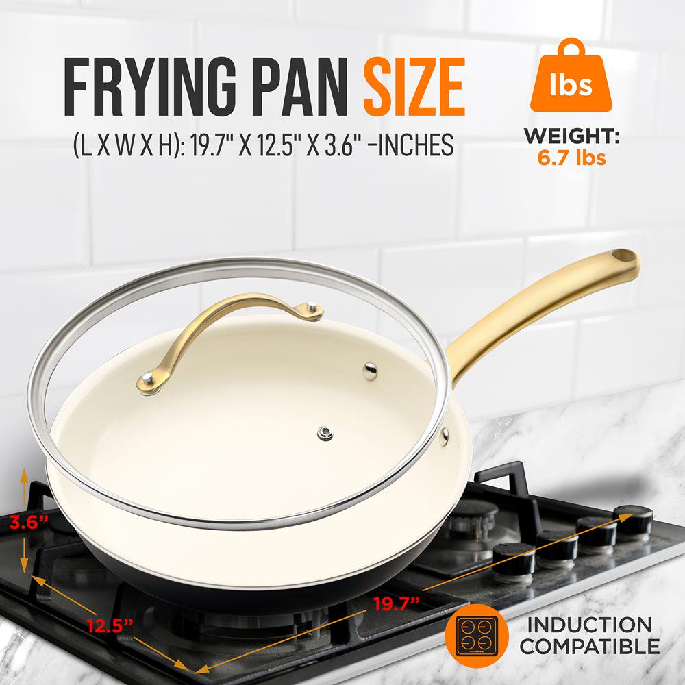 NutriChef 12 Fry Pan With Lid - Large Skillet Nonstick Frying Pan with Ceramic Coating & Golden Titanium Coated Silicone Handle