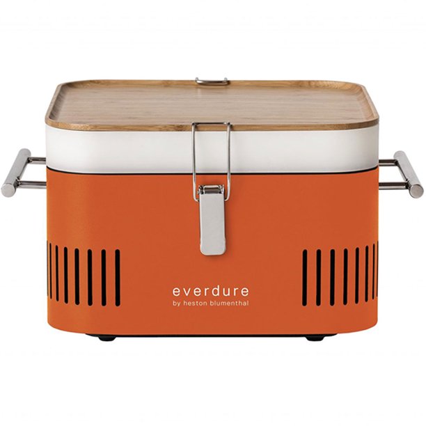 Everdure CUBE Charcoal Grill With Cool Touch Handles. Storage Container & Bamboo Serving Board