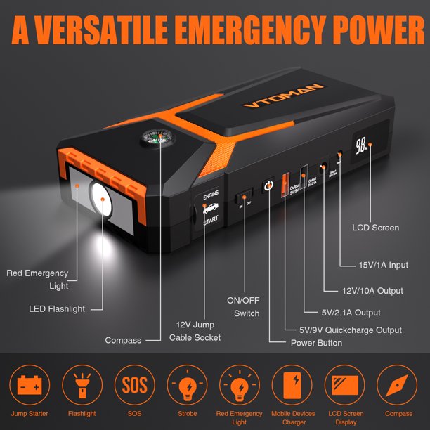 VTOMAN V8 2000A Peak Car Jump Starter (up to 8L Gas and 6L Diesel Engines). Orange