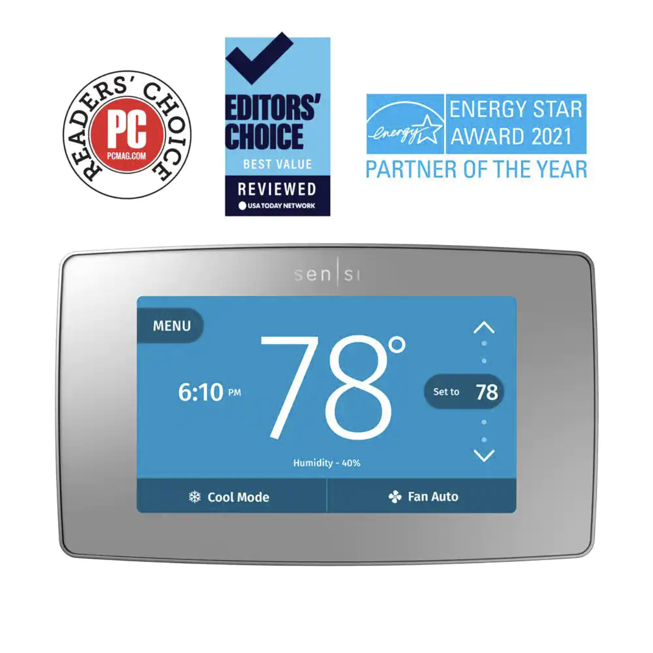 Emerson Sensi Touch Smart 7-Day Programmable Thermostat with Touchscreen Color Display. C-Wire Required. Silver