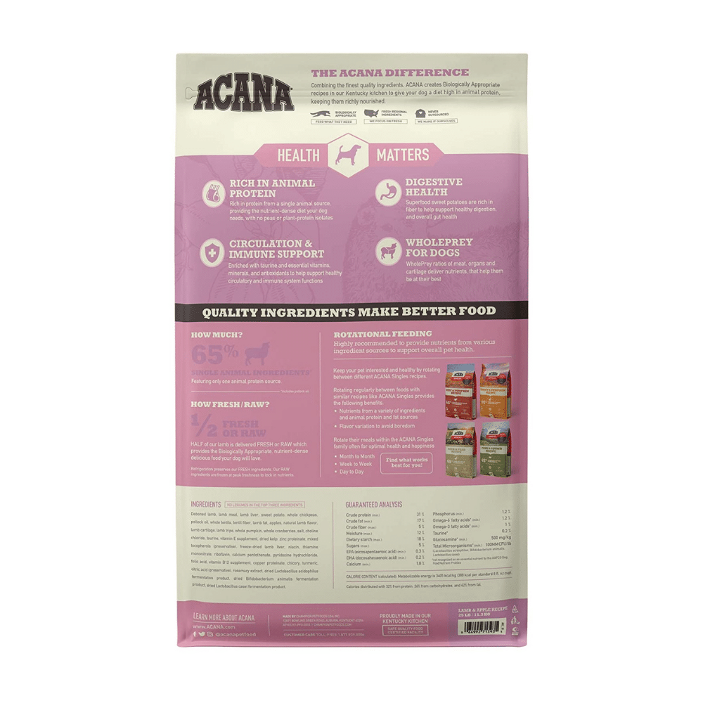 Acana Singles Dry Dog Food. Lamp & Apple Recipe. 25 Pounds
