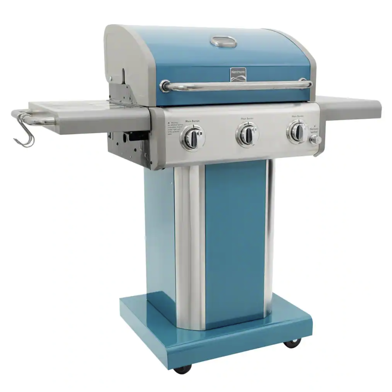 Kenmore 3-Burner Propane Gas Pedestal Grill with Folding Side Shelves. Teal