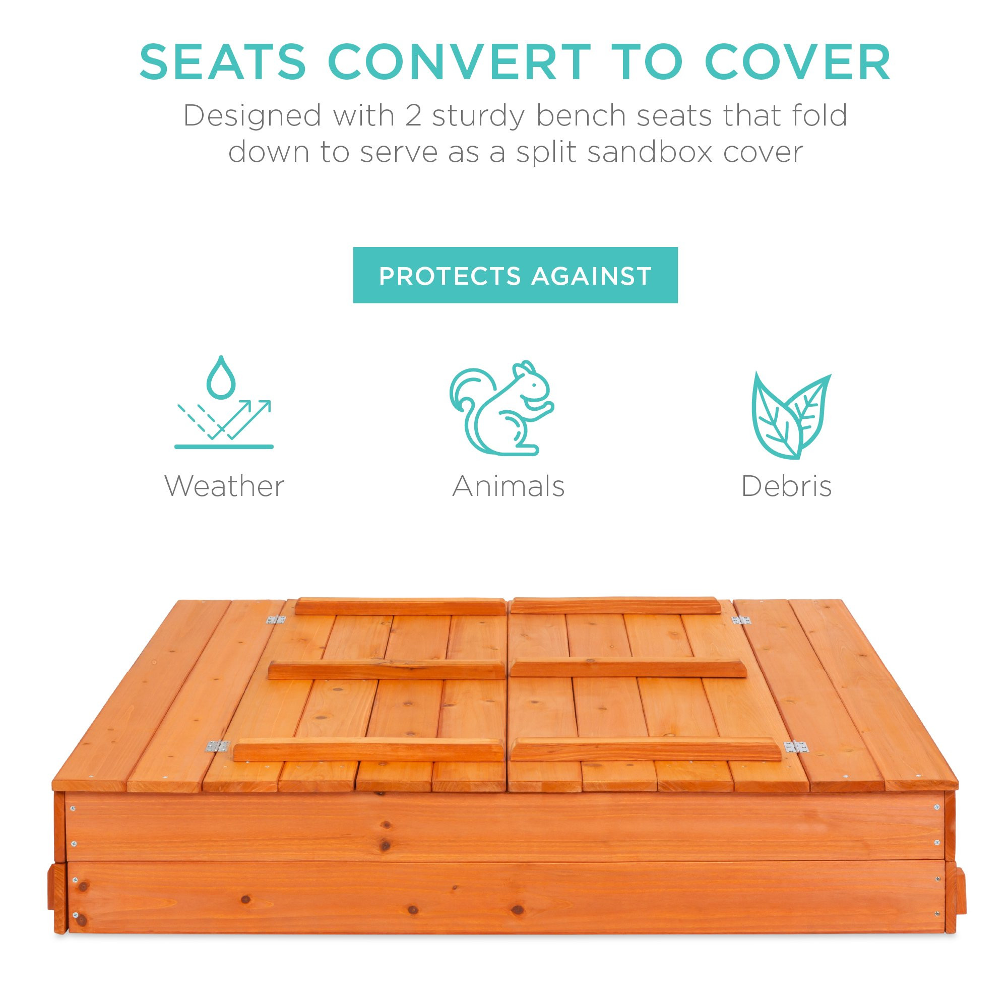 Best Choice Products 47×47-Inch Kids Wooden Outdoor Sandbox w/ 2 Foldable Bench Seats. Liner - Brown