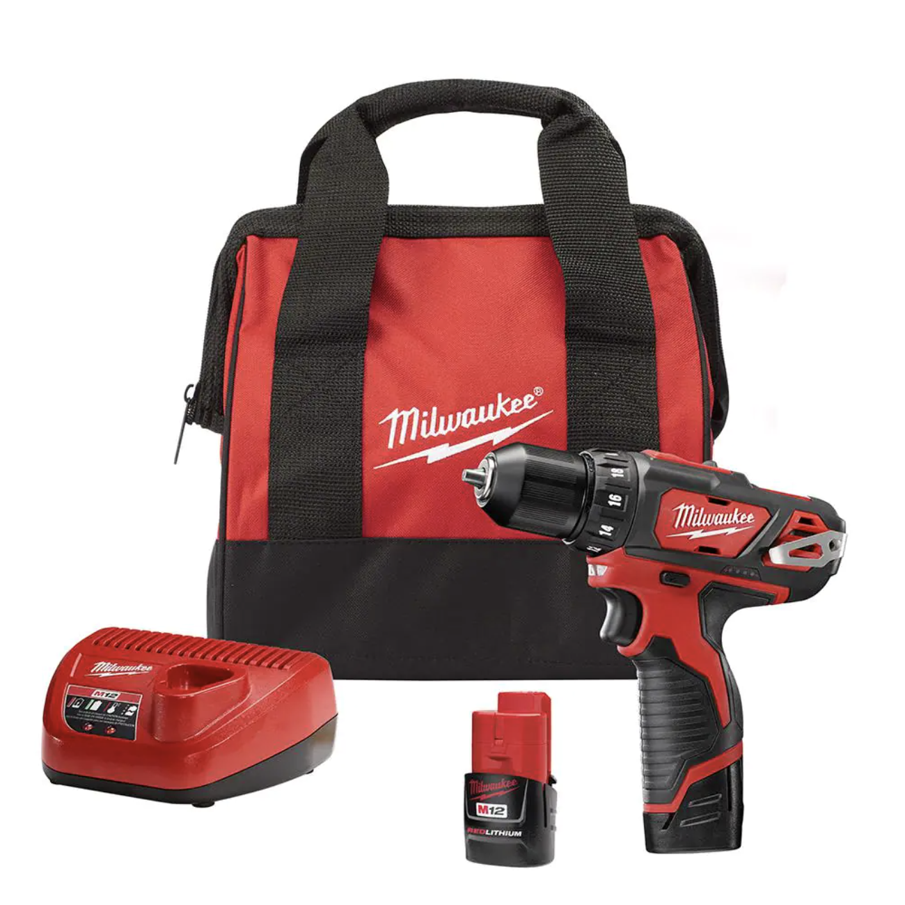 Milwaukee M12 12V Lithium-Ion Cordless 3/8 in. Drill/Driver Kit with Two 1.5 Ah Batteries. Charger and Tool Bag