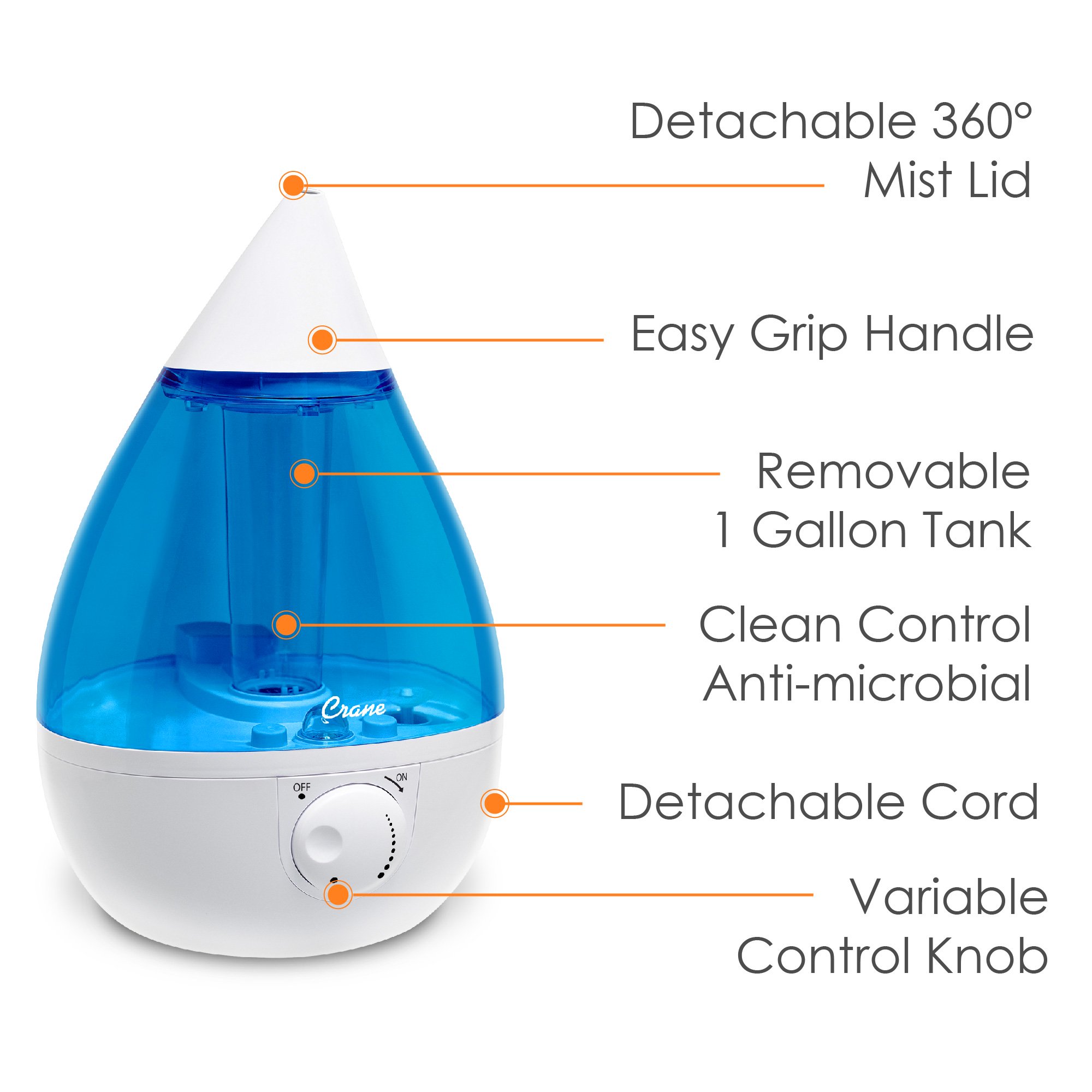 Crane Drop Ultrasonic Cool Mist Humidifier. 1.0 Gallon. 24 Hour Run Time. Whisper Quiet