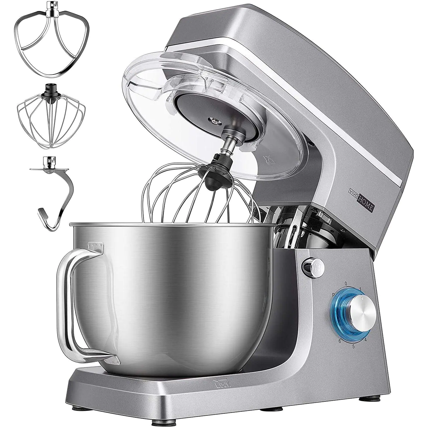 Vivohome 7.5 qt. 6-Speed Silver Tilt-Head Electric Stand Mixer With Accessories And ETL Listed