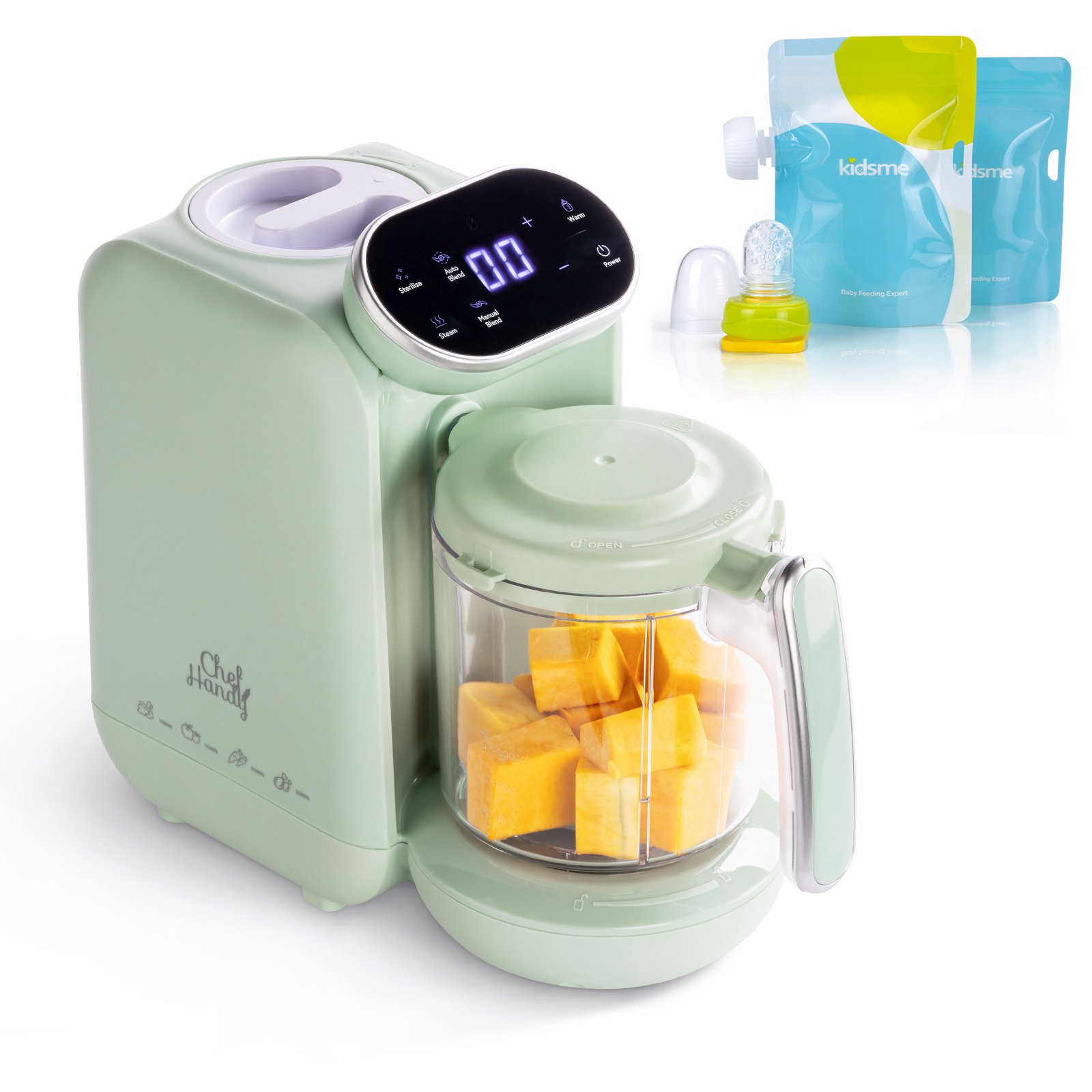 Chefhandy 5-in-1 Baby Food Processor. Smart Control Multifunctional Steamer Grinder with Steam Pot with 2 Reusable Food Pouch
