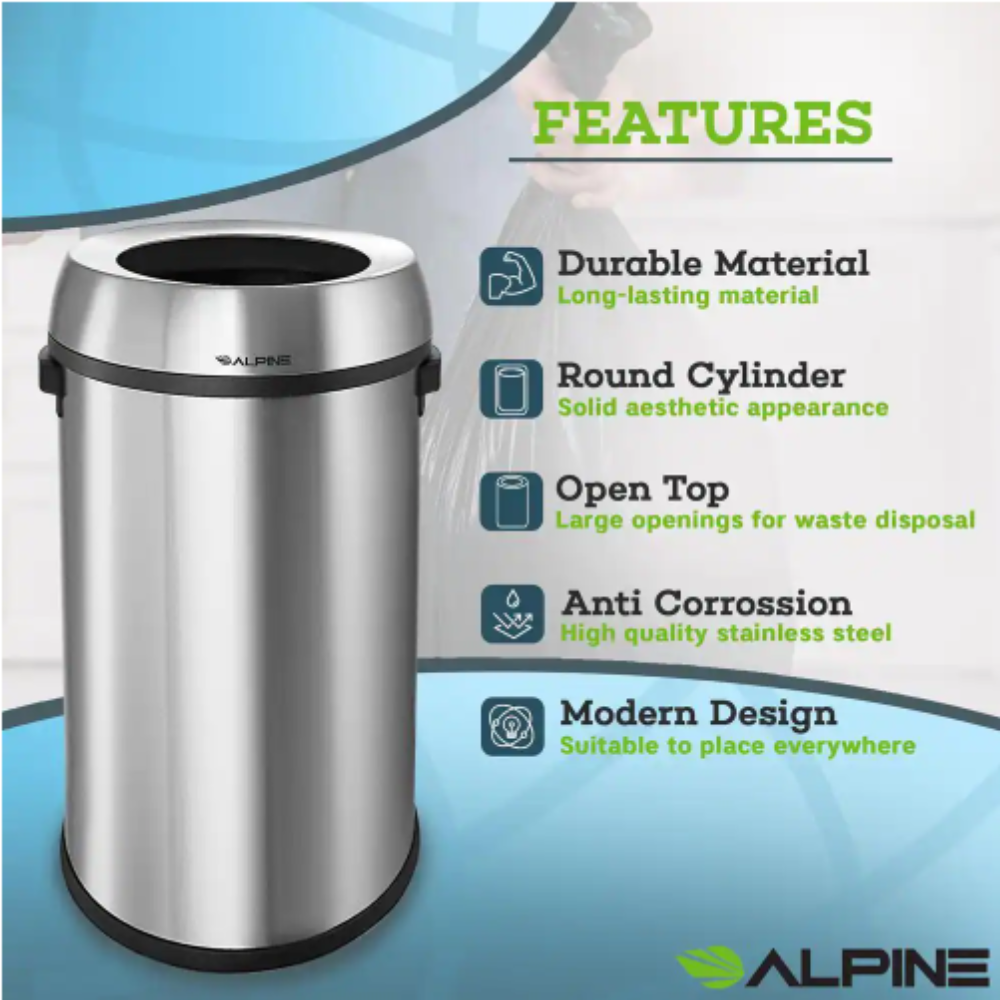 Alpine Industries 17 Gal. Stainless Steel Heavy-Gauge Brushed Open Top Commercial Trash Can